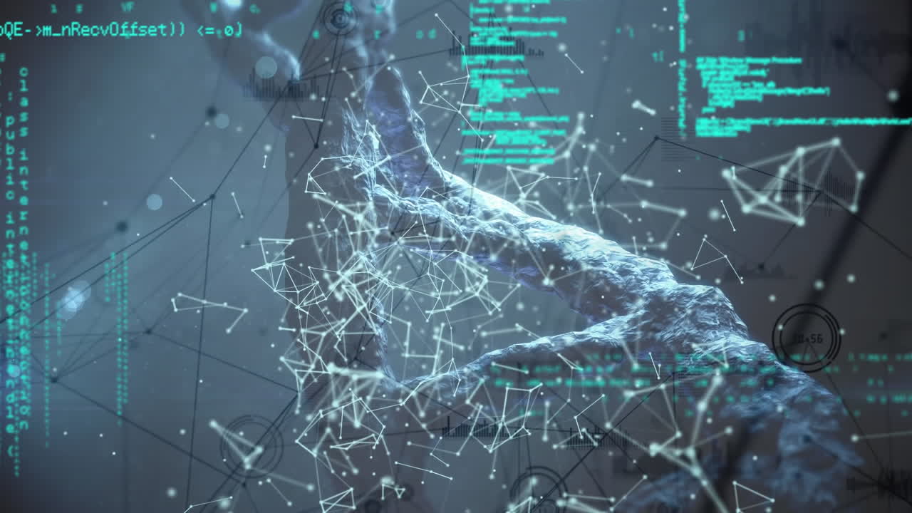 Animation of data processing and connections over 3d dna strand spinning