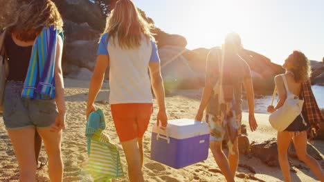 Grupo-De-Amigos-Caminando-Con-Una-Caja-De-Hielo-En-La-Playa-4k