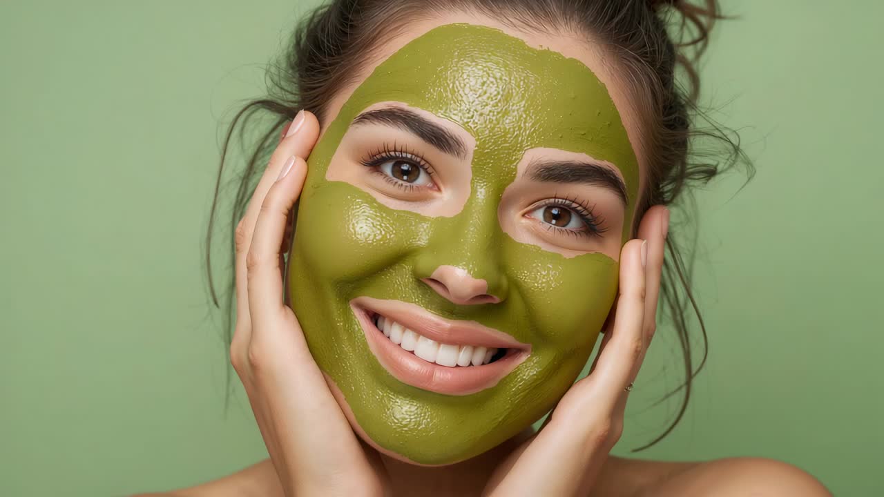 Ripresa con angolazione della camera con donna sorridente che si mette le mani sulle guance, si sporge in avanti, chiude gli occhi e mostra una maschera verde