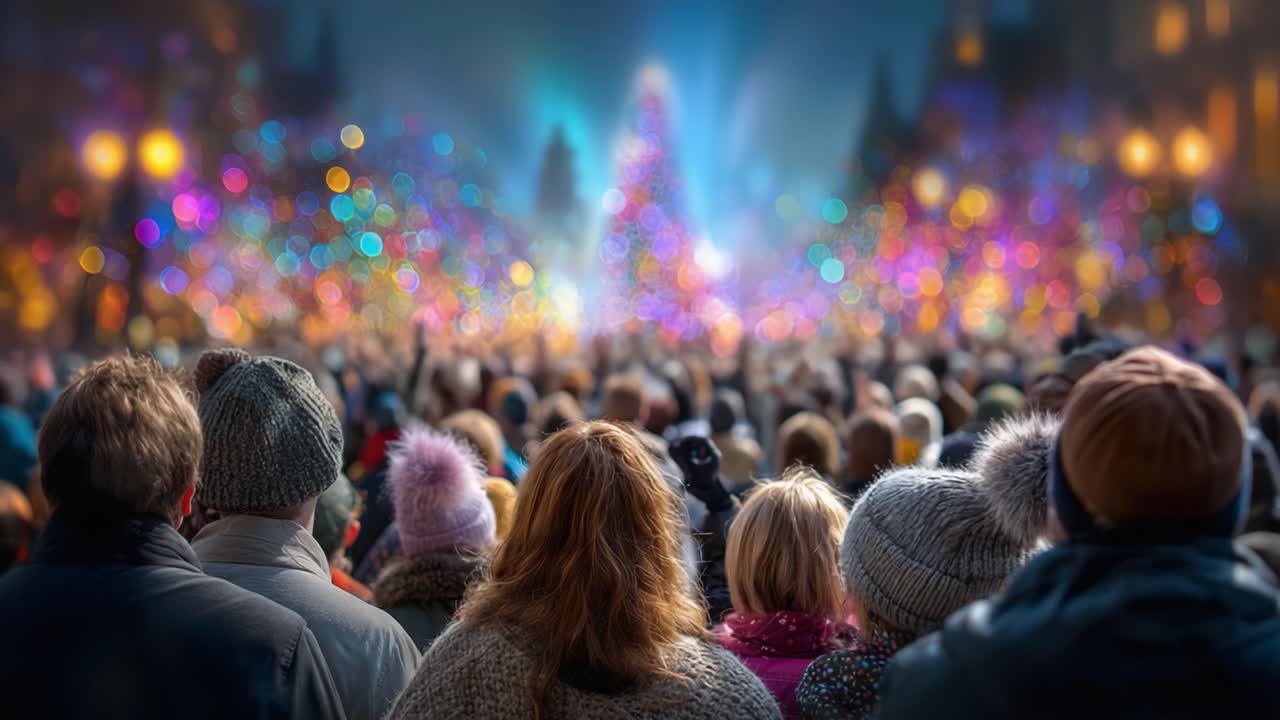 A Joyful Gathering of People Celebrating Amidst a Dazzling Display of Colorful Holiday Lights in a Festive Urban Setting