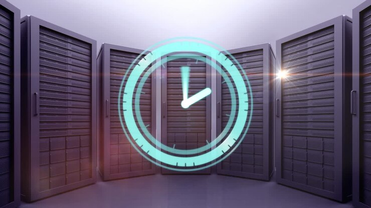 Animation of clock moving fast over computer servers in tech room