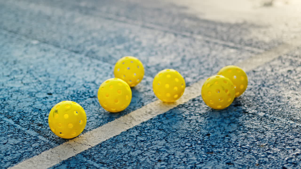 Yellow pickleball balls standing on a blue court after rain