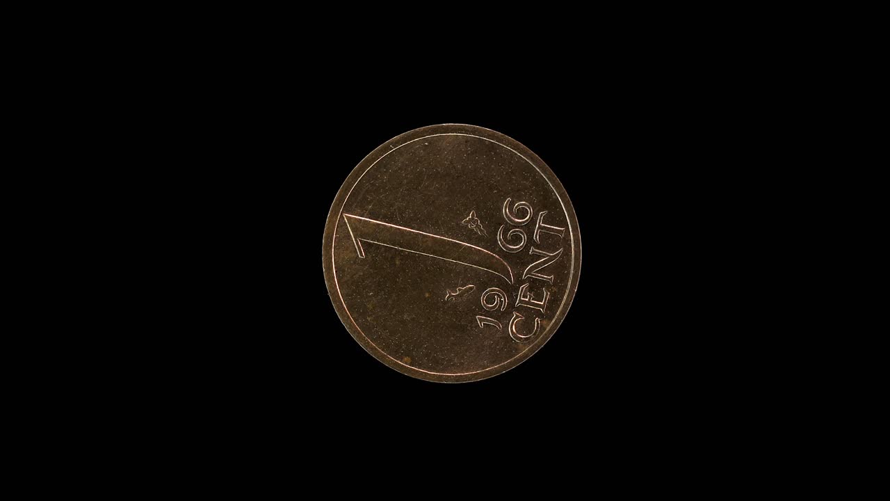 Netherlands 1 cent 1966 reverse with denomination and date, macro loop on black background