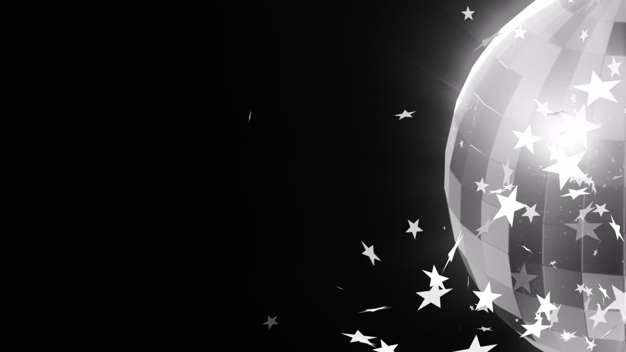 검은 바탕에  ⁇ 색 크리스마스 별과 회전하는 거울 공의 애니메이션