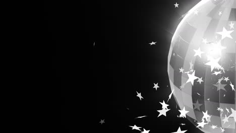 animación de estrellas blancas de navidad y bola de espejo giratoria sobre fondo negro