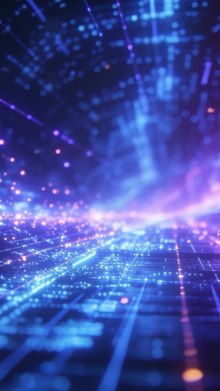 Video vertical: Cámara avanzando en reproducción sobre una cuadrícula de neón virtual, mostrando nodos brillantes.