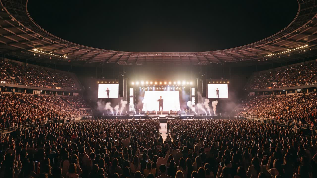A mesmerizing live concert experience captured from start to finish, showcasing an electrifying performance on stage with thousands of enthusiastic fans cheering under the vibrant lights