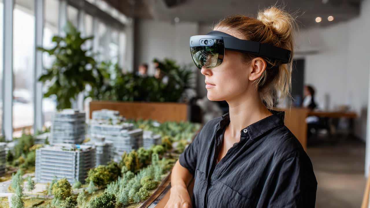 Innovative Technology Showcased: A Woman Interacts with Augmented Reality Glasses While Observing a Model Landscape in a Modern Workspace