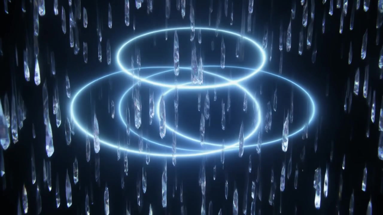 Abstract Glowing Blue Rings Surrounded by Falling Crystal Shards