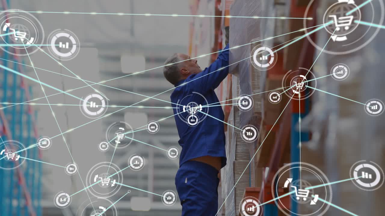 Warehouse worker stepping onto ladder retrieving inventory while cart and graph icons intensifying