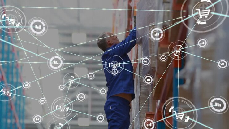Warehouse worker stepping onto ladder retrieving inventory while cart and graph icons intensifying