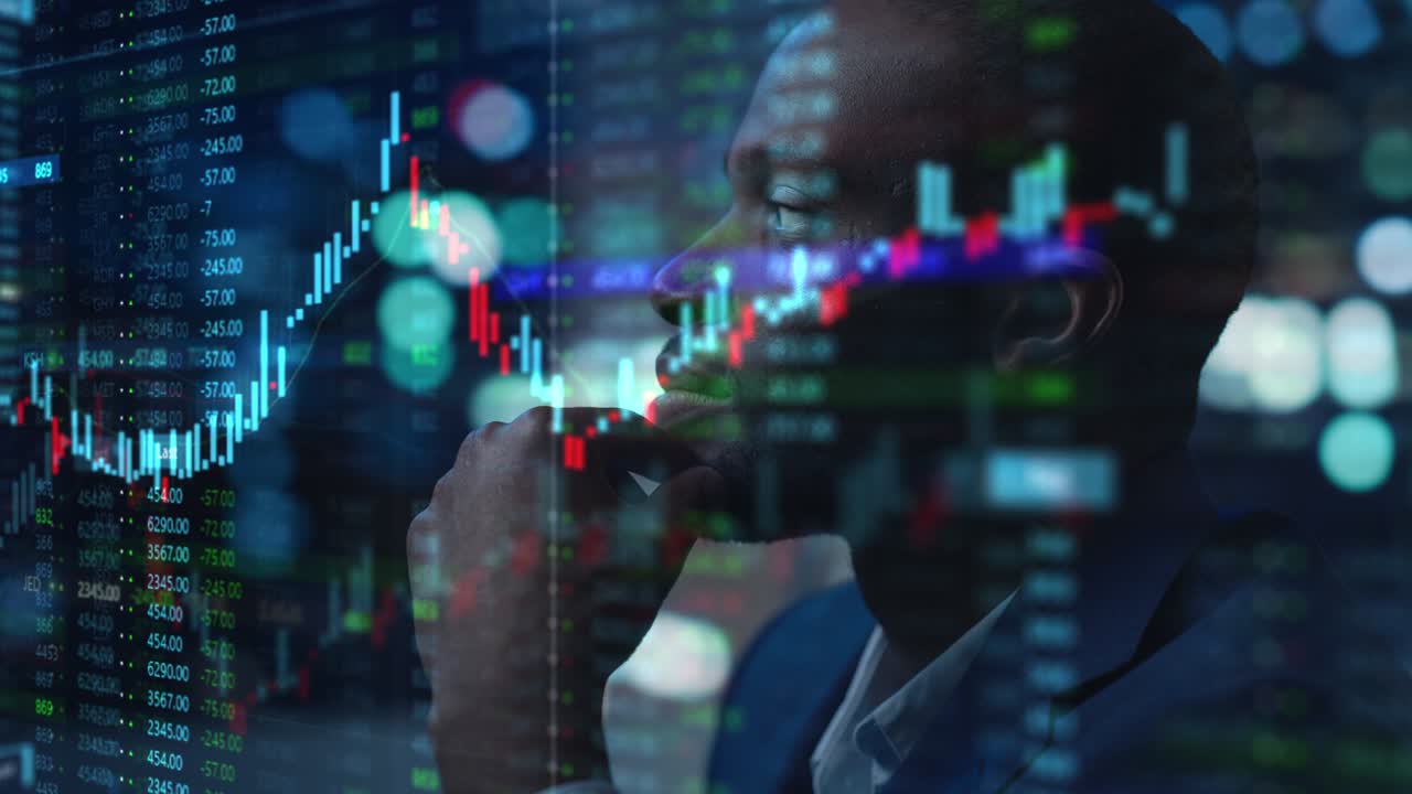 Portrait of Black Stock Market Trader Doing Analysis of Investment Charts, Graphs, Ticker Numbers Projected on His Face. African American Financial Analyst, Digital Entrepreneur Successfully Trading