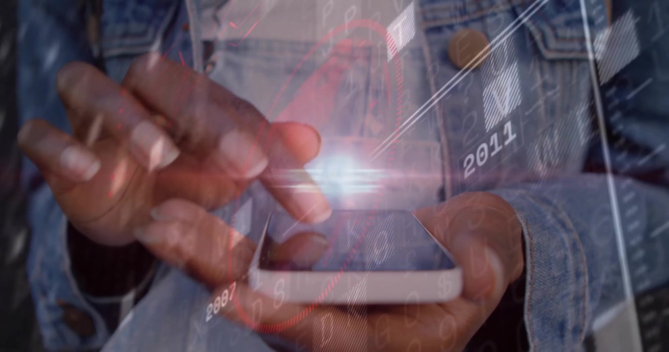 Woman tapping smartphone screen on denim jacket, reviewing past yearly data with tech overlays