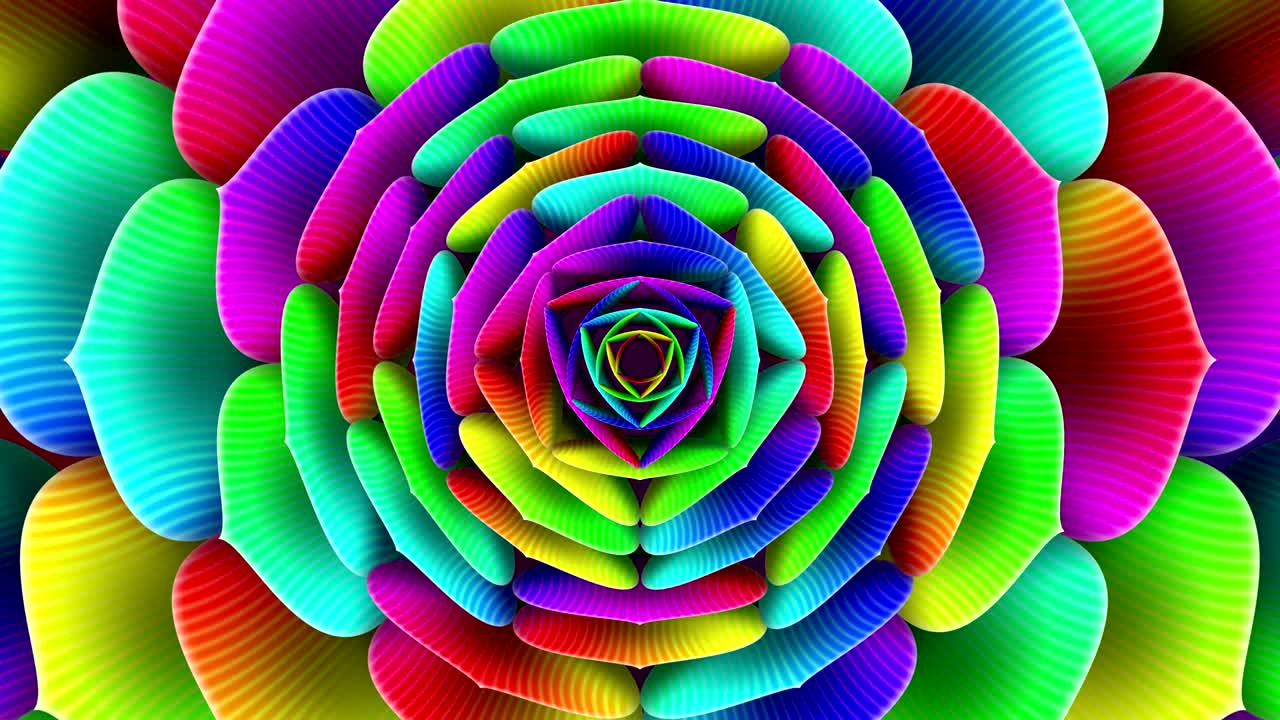 추상적인 다채로운 장미의 다채로운 3d 애니메이션, 잎겨드랑이에서 순환하는 컬러 그라디언트의 동적 3d 애니메이션