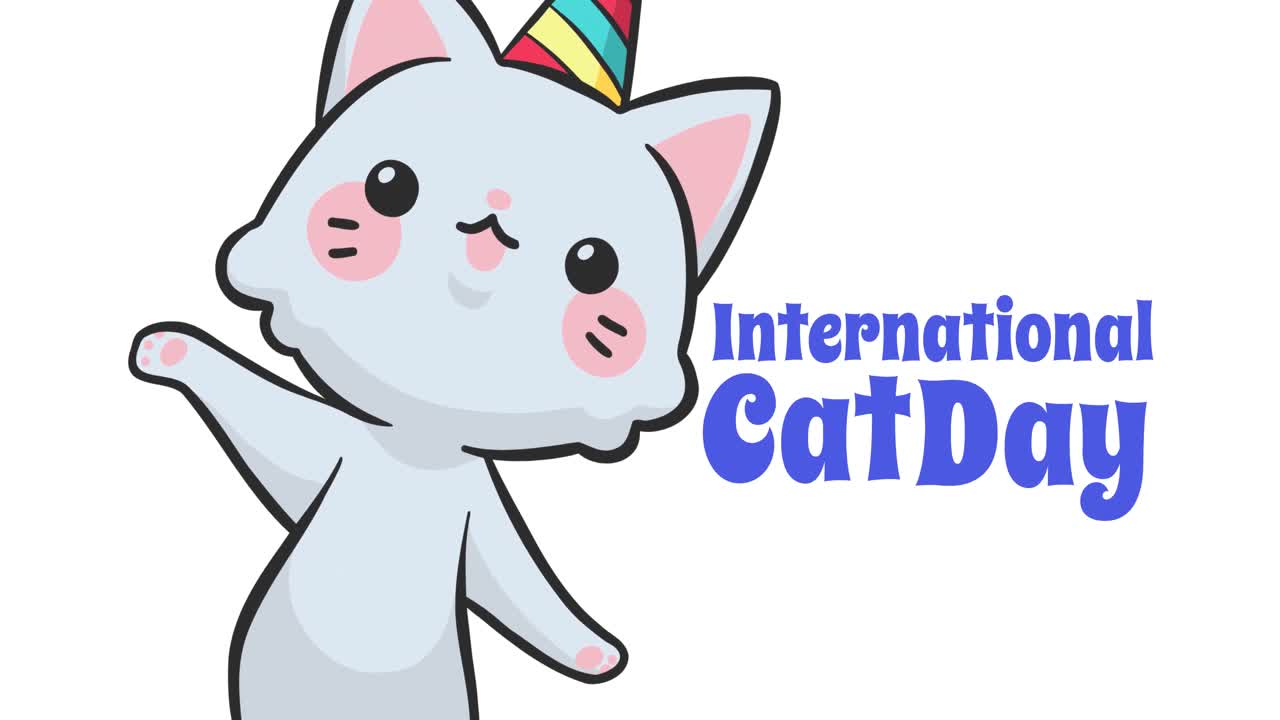 고양이 아이콘과  ⁇ 색 배경 위에 국제 고양이 날 텍스트의 애니메이션