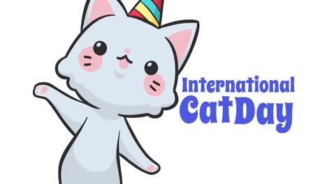 animation of international cat day text over cat icon and white background