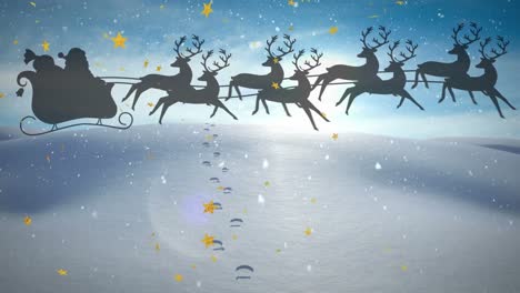 animation of snow falling and santa claus in sleigh with reindeer over winter landscape