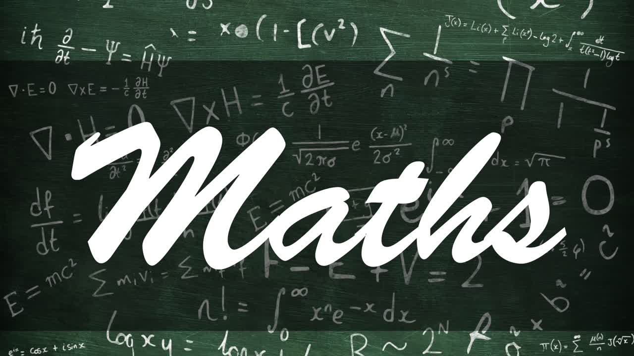 Animation of maths in white text over chalkboard with maths equations in chalk
