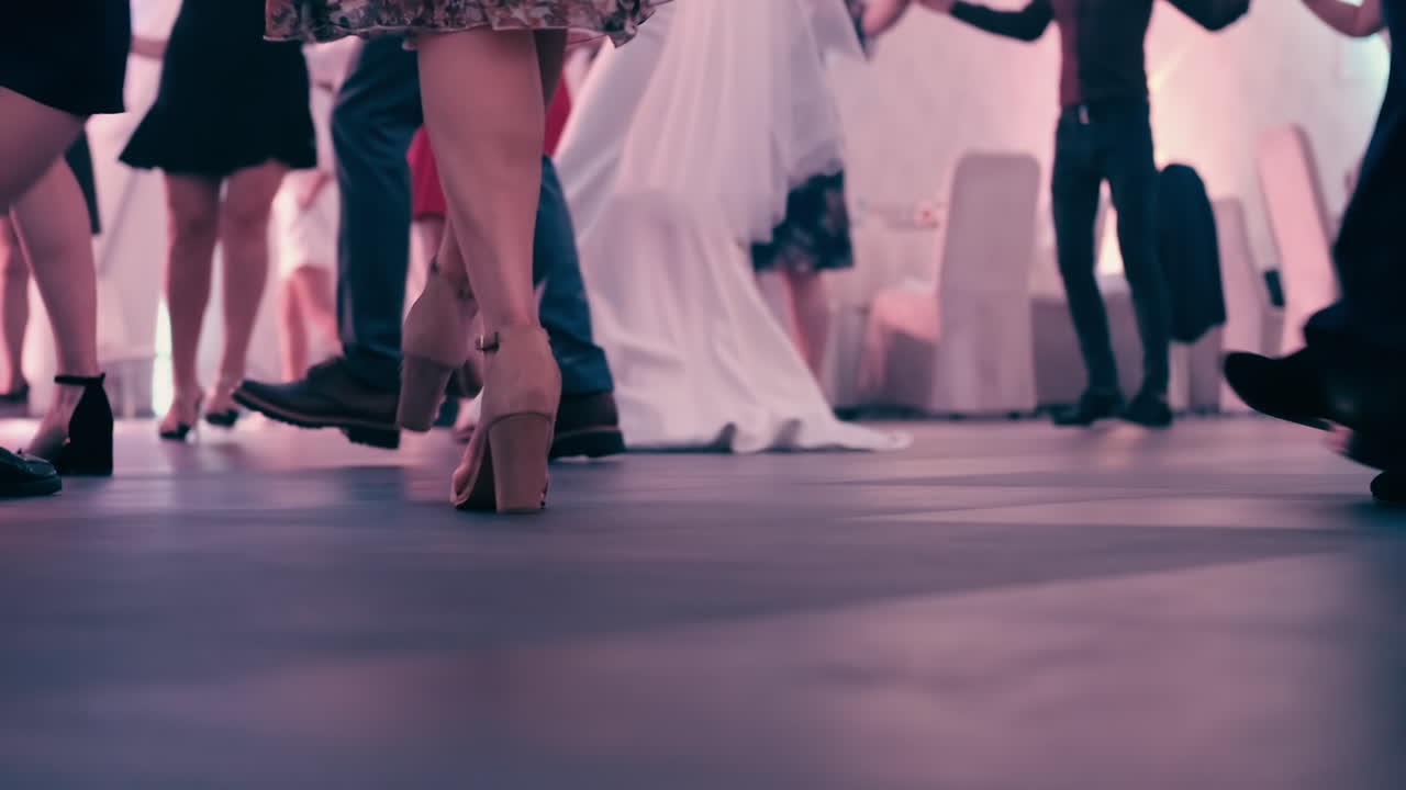 Guests dancing moldavian national dance - Hora at a wedding. Stage lights