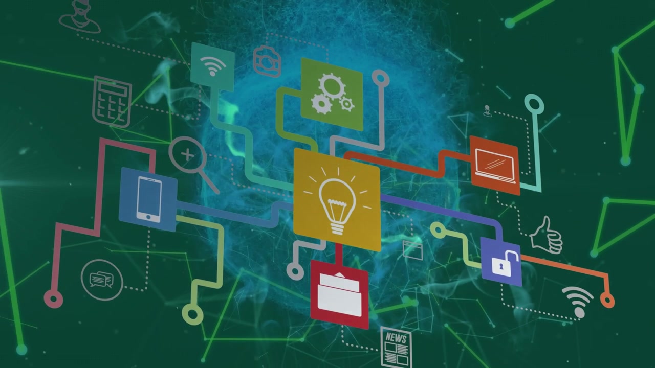 Animation af medieikoner over glødende databehandling