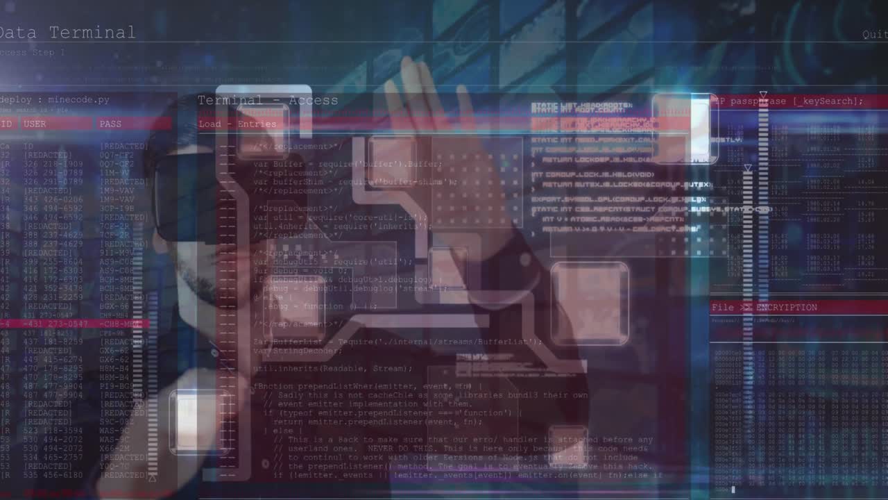 animación del procesamiento de datos sobre el hombre caucásico usando auriculares vr