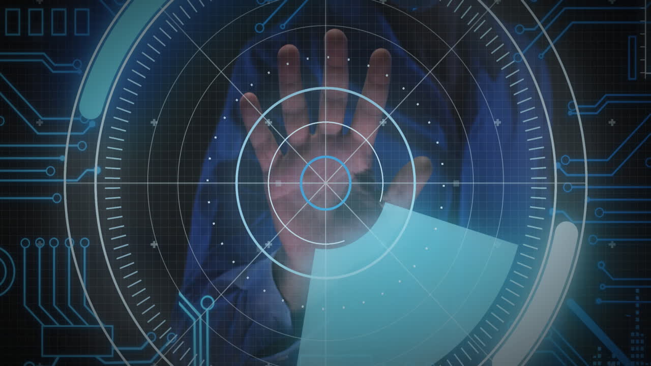 animación del procesamiento de datos y lectura biométrica de la mano.