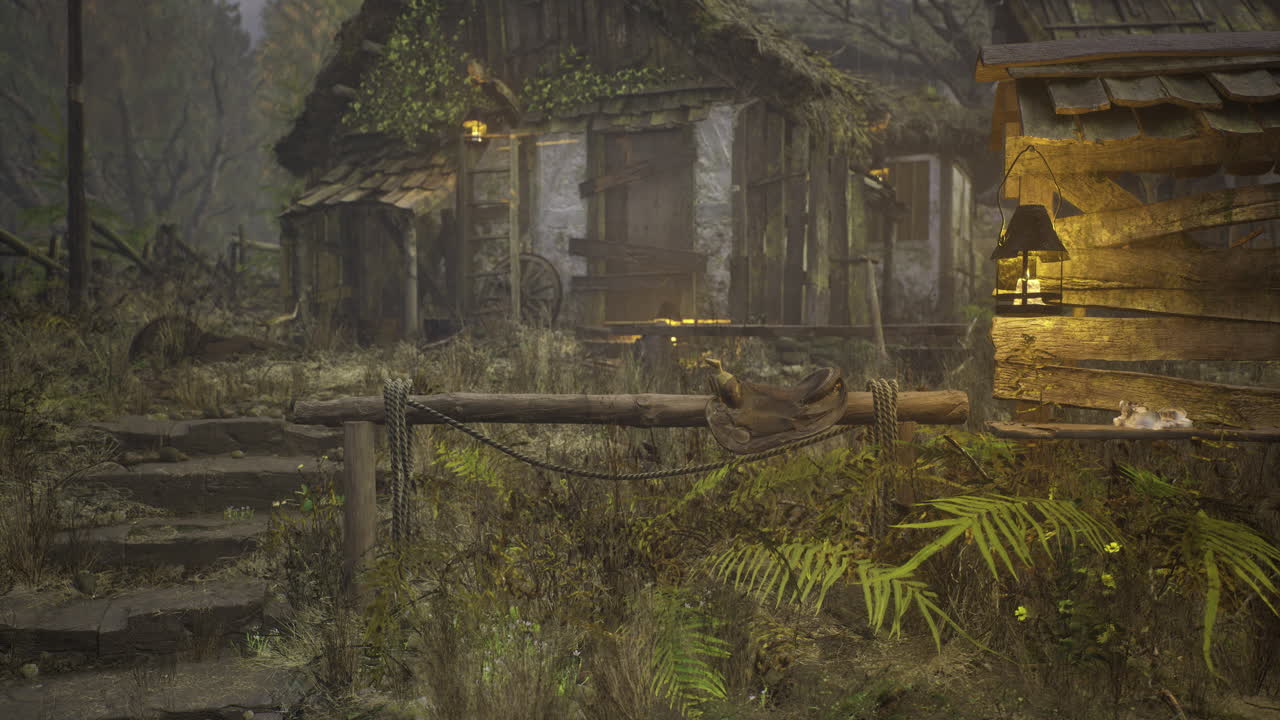 Mystical forest retreat illuminated by soft lantern glow at dusk