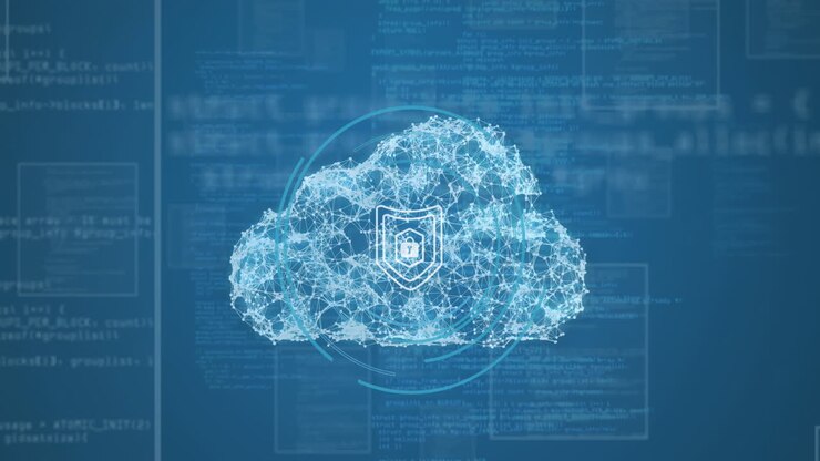 Animation of padlock and cloud over data processing