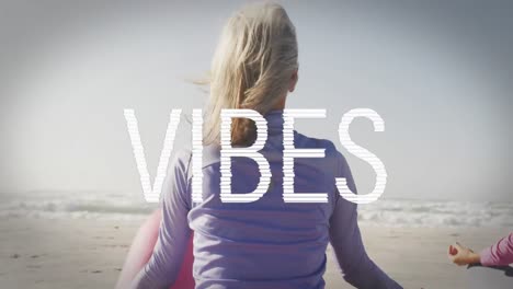 animation of text vibes, in white, with circle, over woman meditating on beach by sea