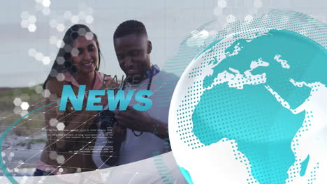 news animation over diverse people reviewing camera outdoors with globe graphic