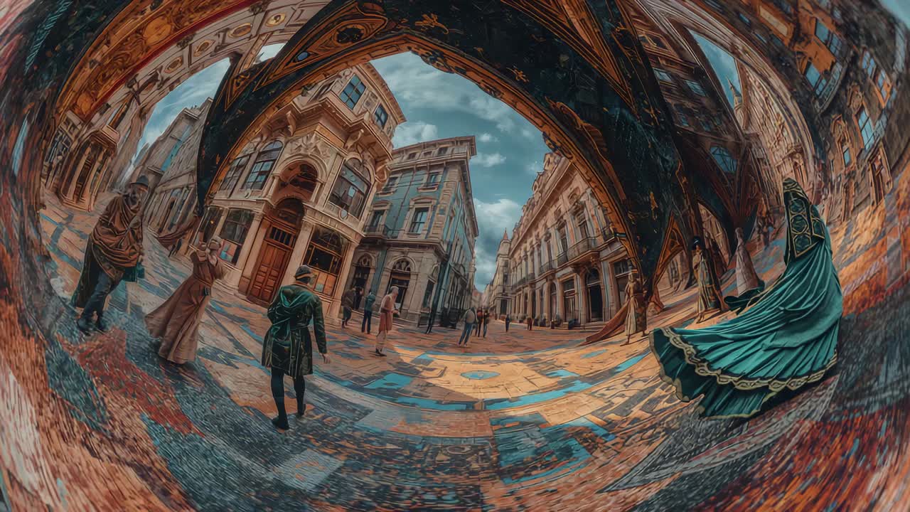 Moving camera following man in green coat walking down street under arch, showcasing gowns