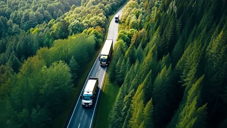 aerial view of trucks driving through a winding forest road
