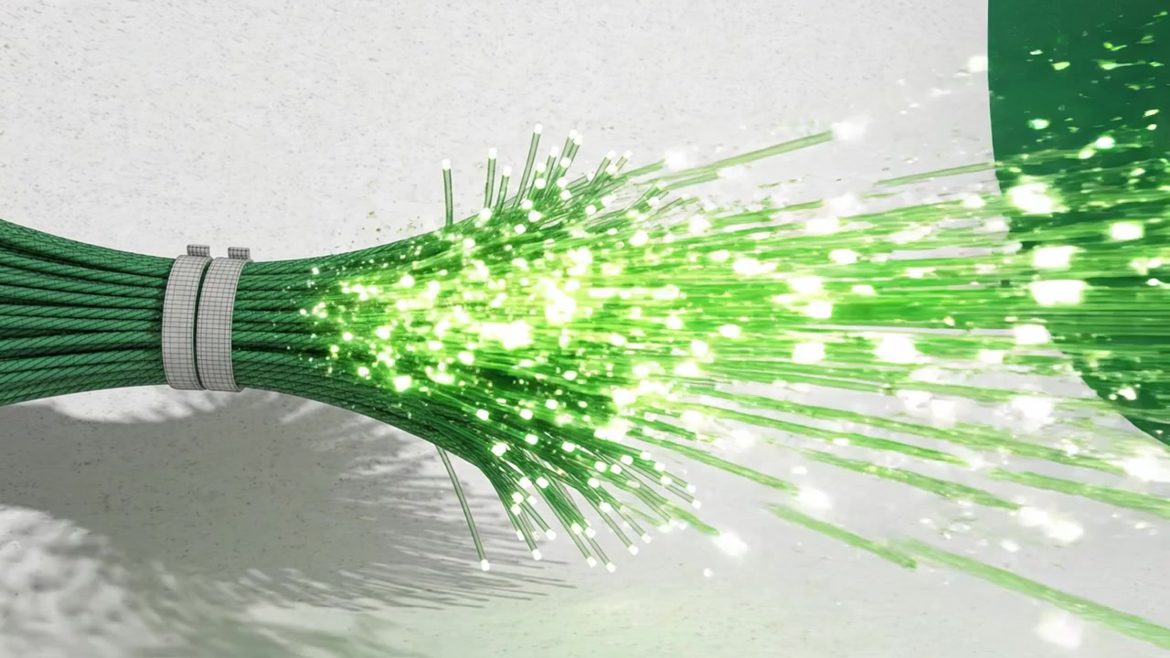 En levende udstilling af grønne optiske fibre, der viser indviklede forbindelser og lysende punkter, illustrerer banebrydende teknologi og innovation inden for kommunikation.