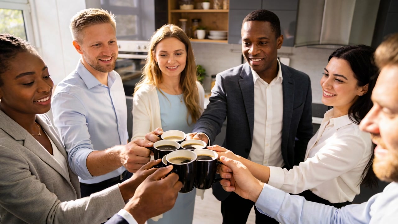 Toasting after brief eye contact, seven coworkers raising black mugs in office kitchen, work attire