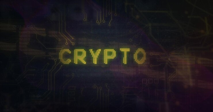 Animazione di testo cripto con blockchain su un motivo di circuito stampato sullo sfondo