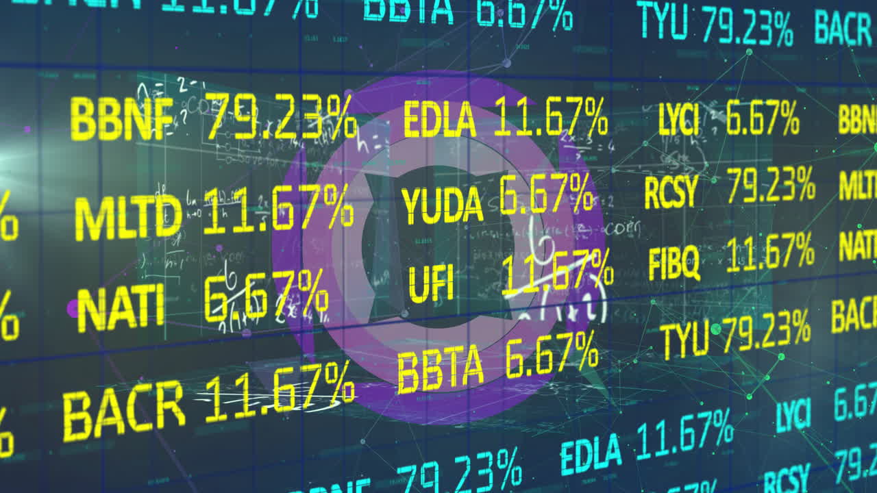 Stock market data with fluctuating percentages over digital world map animation
