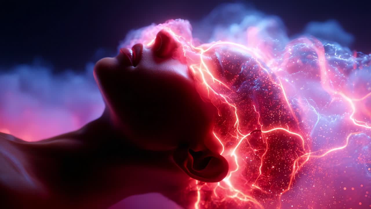 A Stunning Visualization of the Human Mind: Captivating Electric Energy Pulses Through a Vibrant, Ethereal Cloud Surrounding a Dreamlike Face Exuding Serenity and Power
