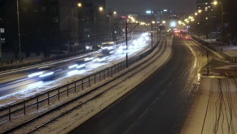 timelapse of busy city street on a winters night