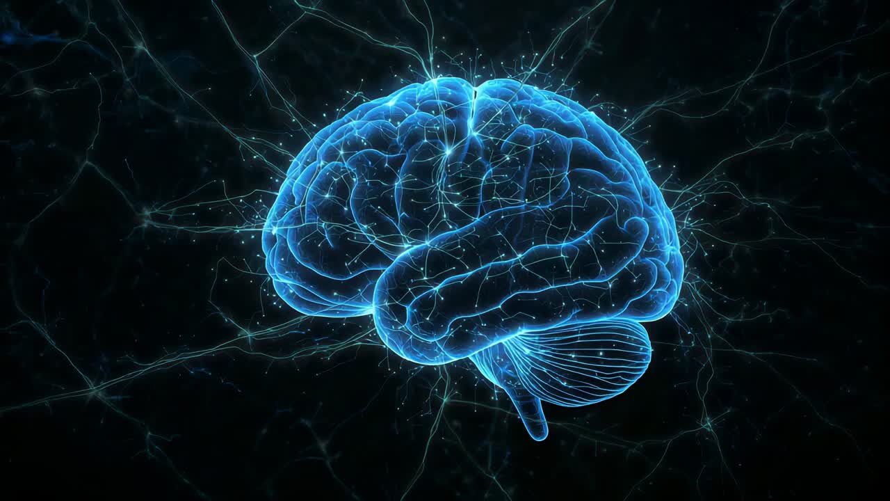Rotating glowing brain model pulsing filaments and sparks in dark void, showing neural activity