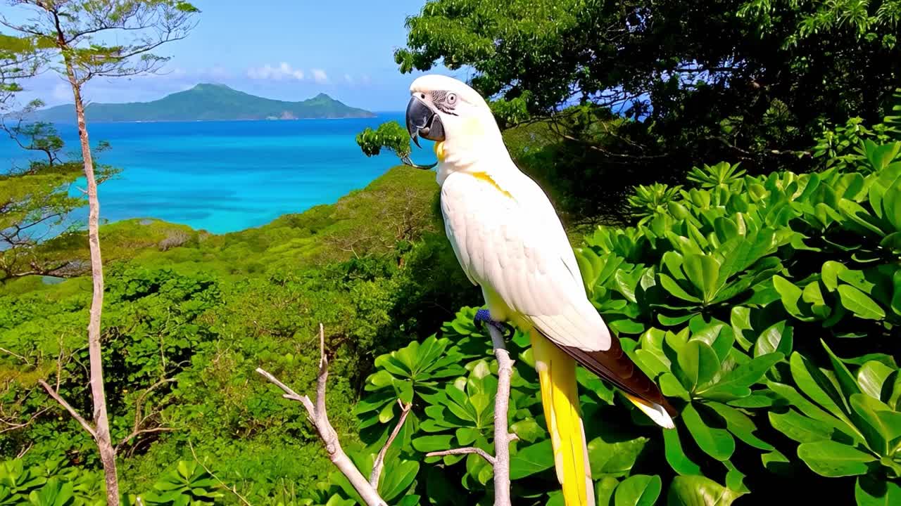 White Parrot Overlooking a Tropical Ocean View