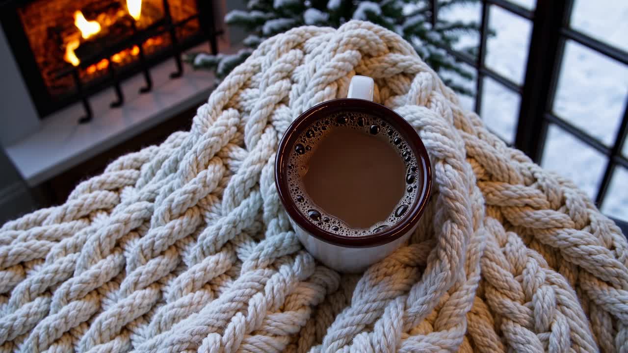 Cozy winter scene with a top-down angle of a mug of hot chocolate on a chunky knit blanket