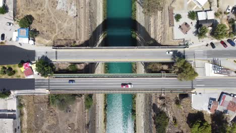 birds eye view drone symmetrical shot of greece, corinth canal in zenit