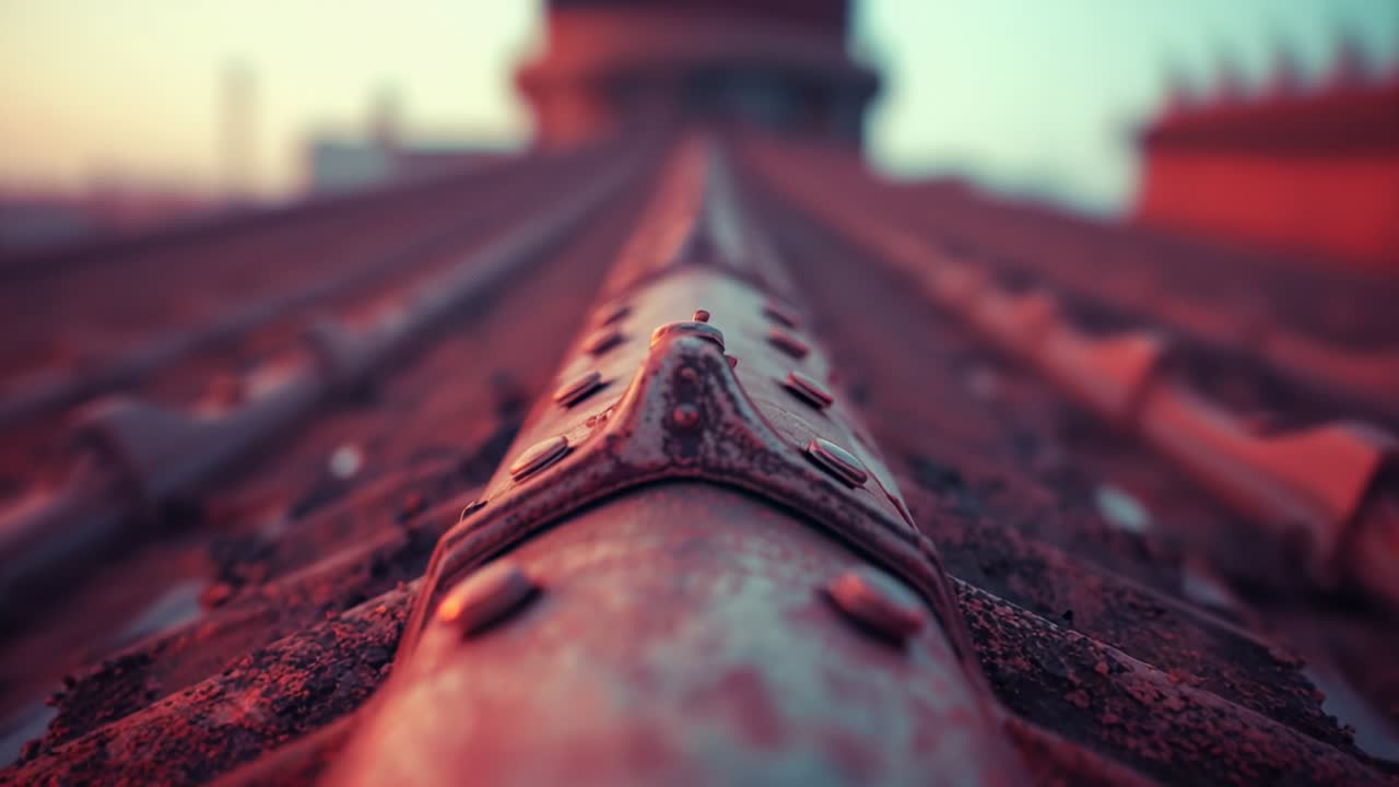 Camera moving along temple roof ridge in golden light, highlighting weathered metal ridge ornament