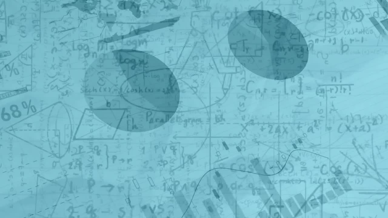Animation of mathematical equations and data processing over blue background