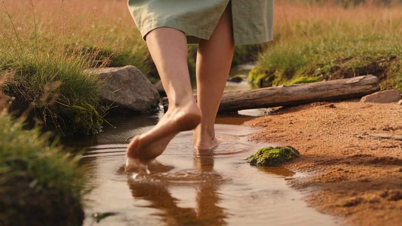 Placing bare feet of woman wearing light green skirt into shallow creek, walking toward log