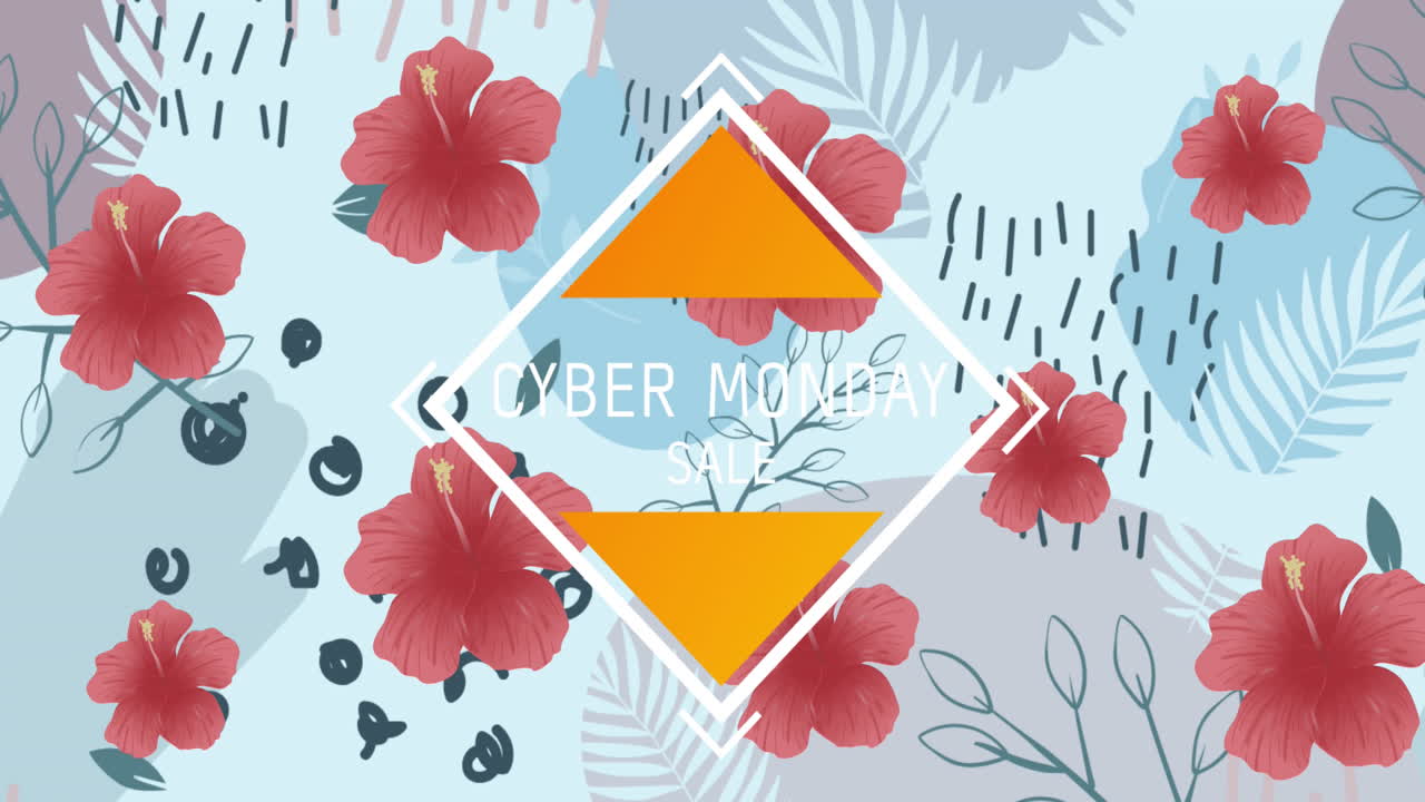 Animazione di testo "saldi Cyber Monday" in una cornice bianca su fiori rossi su sfondo blu