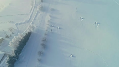 Tierras-De-Cultivo-Cubiertas-De-Nieve-Y-Pequeño-Municipio,-Vista-Aérea-De-Drones