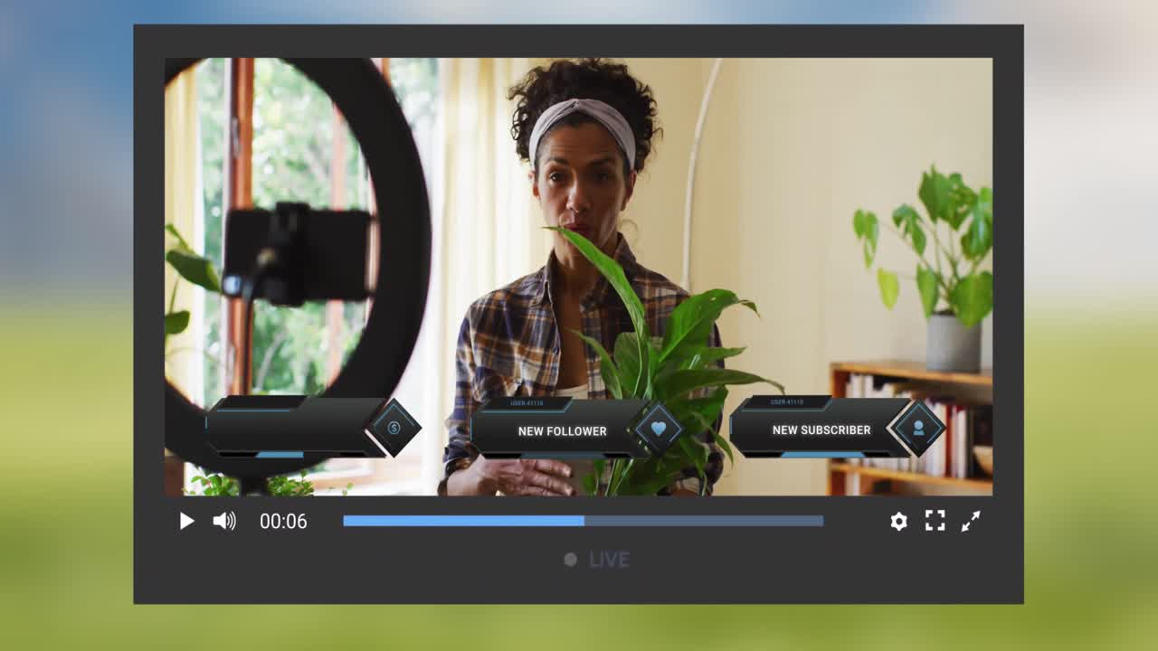 Animation of social media screen over biracial woman making video blog