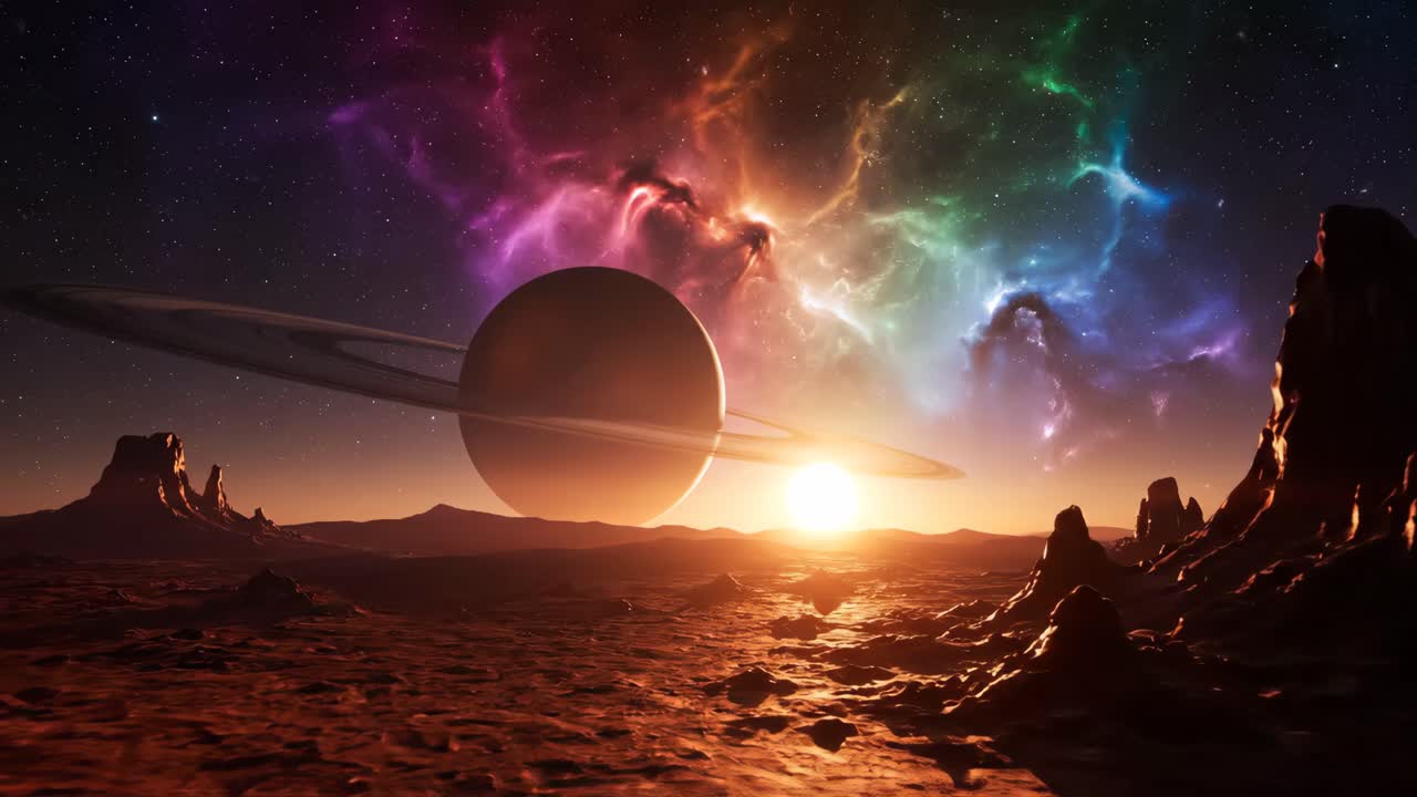 A planet with rings in a colorful nebula landscape