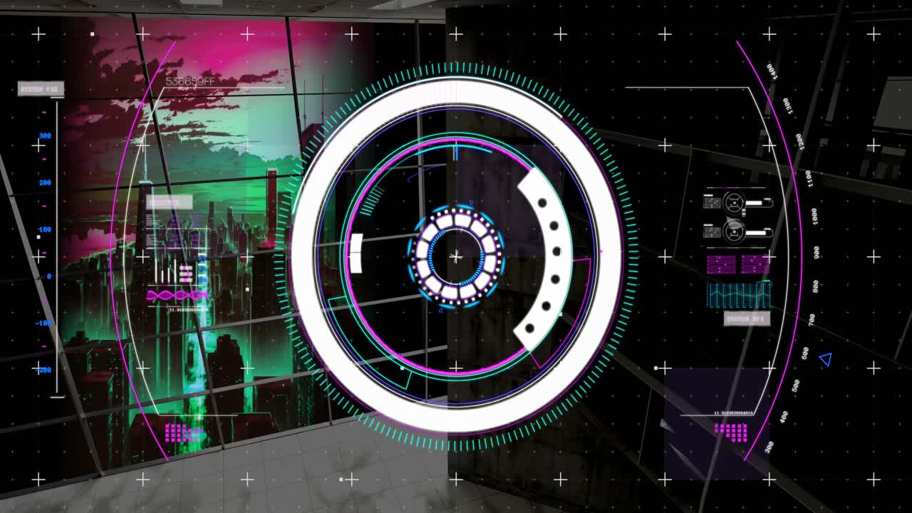 animación del alcance y el procesamiento de datos sobre apartamentos modernos y paisajes urbanos